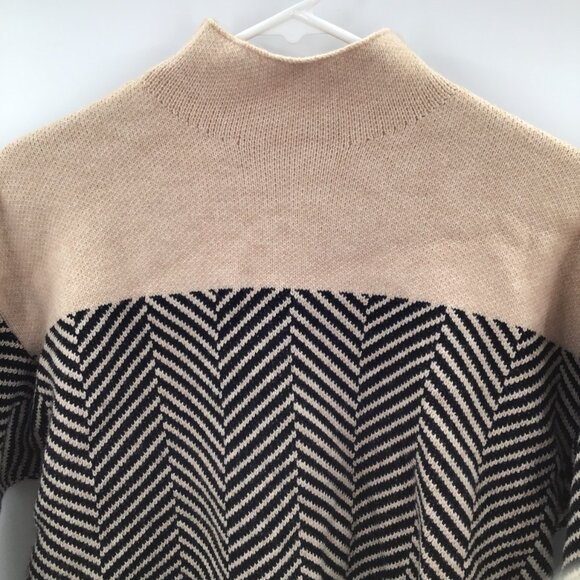 Women's M Herringbone Mock Neck Sweater Cotton Blend Black & Tan Colorblock - Picture 4 of 10